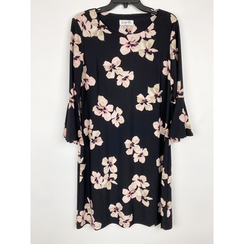 Harper Rose Floral Bell Sleeve Knit Shift Dress Womens 12 Black Pink Cottagecore